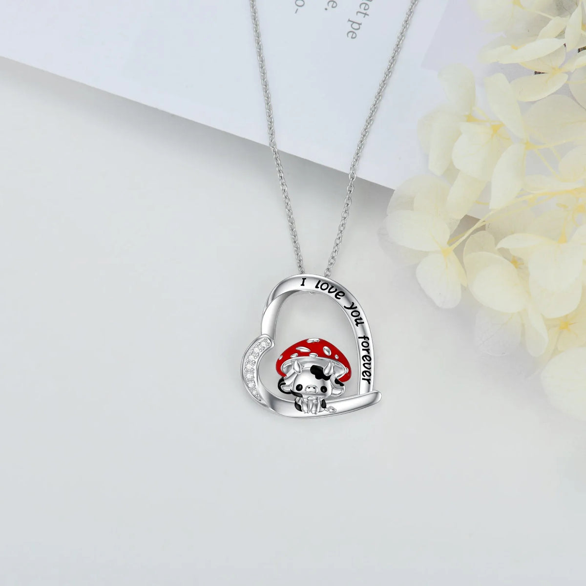 925 sterling silver cow necklace with mushroom hat pendant on love heart, 18in cable chain and 2in extender