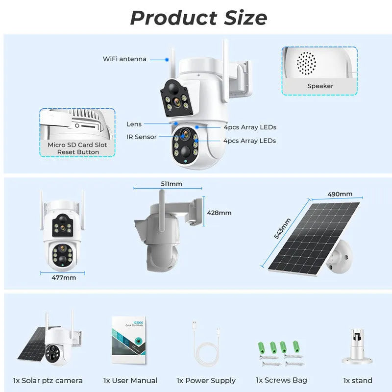 Outdoor solar-powered wireless wifi security camera with solar panel in black and white or white finish.