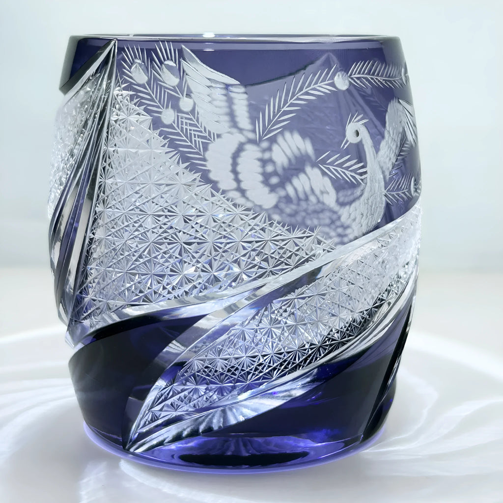 Lavender purple crystal glass cup with handmade phoenix carving, cylindrical Japanese style shape, 301-400ml capacity
