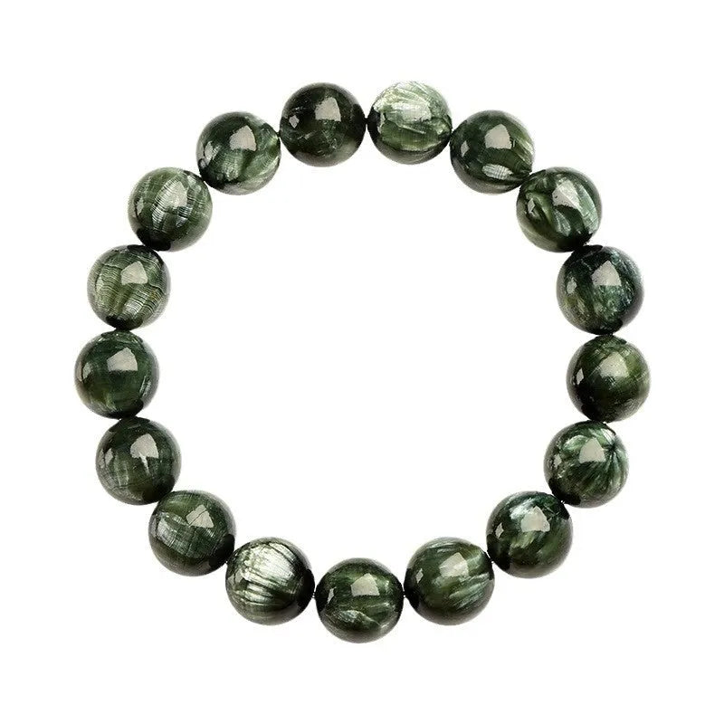Natural Green Dragon Crystal round bead bracelet with 8-9mm beads and a Ruyi charm.