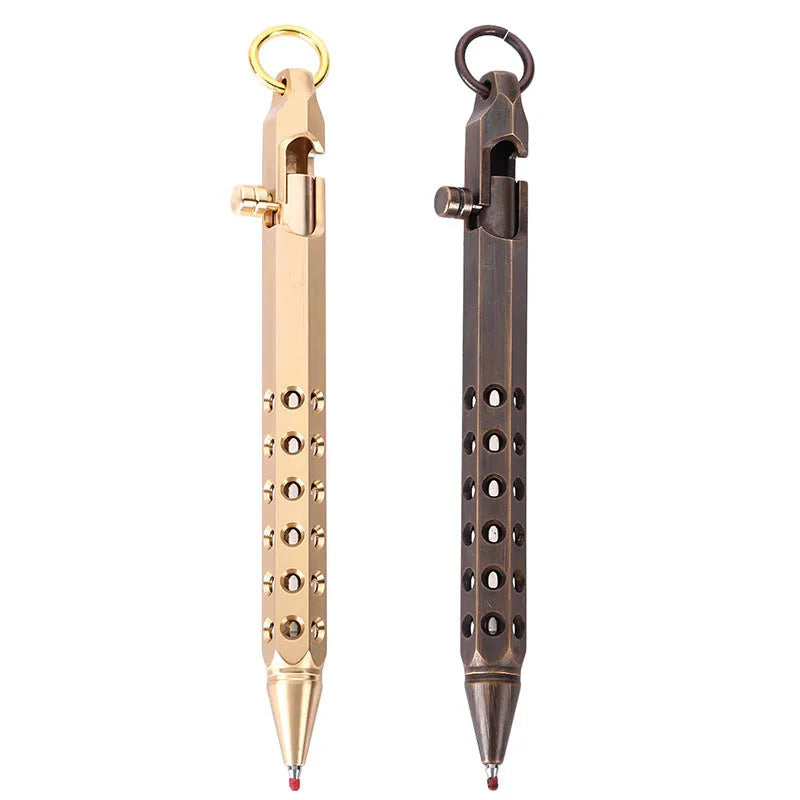 Brass hexagonal bolt action rollerball pen with retro six-angle design