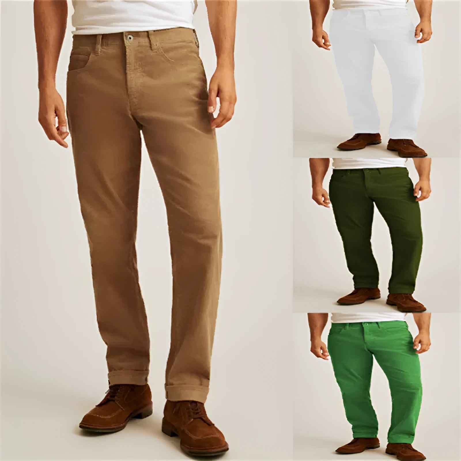 Corduroy straight-leg trousers in loose casual fit showing mid-waist design and solid colour options