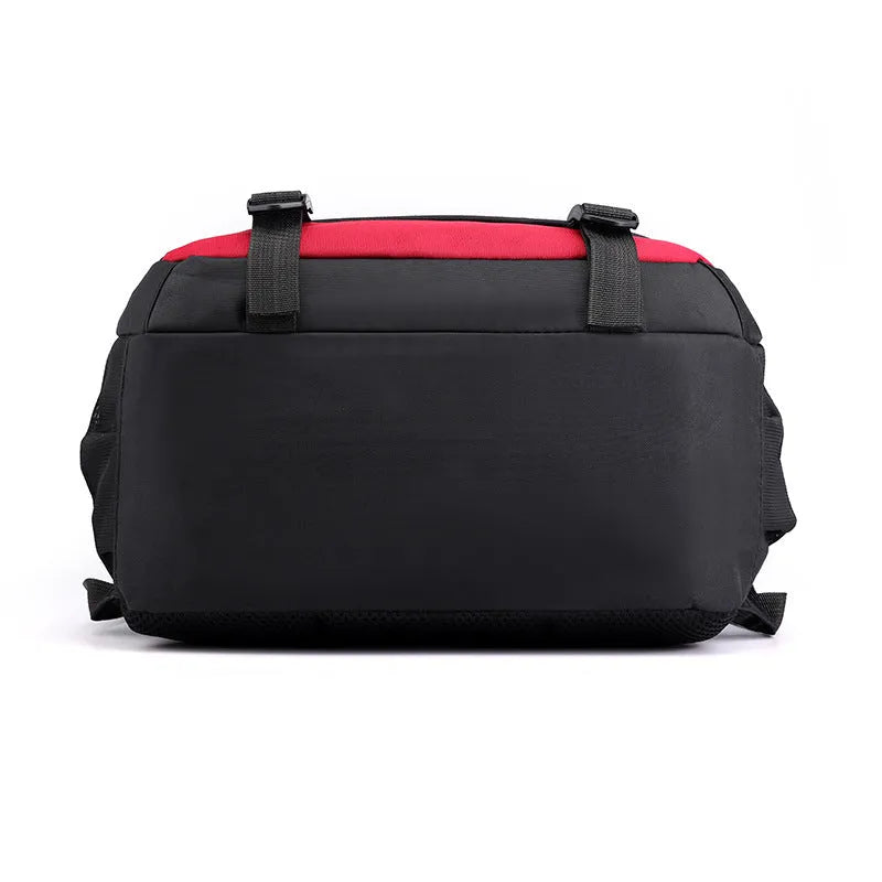 Black waterproof nylon high school backpack with airpillow straps, shown alongside red, blue, and gray colour options.
