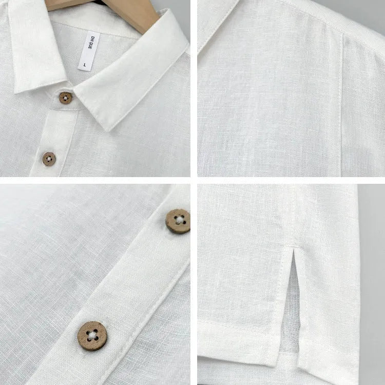 Man wearing a light grey green linen short-sleeve top with a V-neck and thin lapels, showcasing the loose fit.