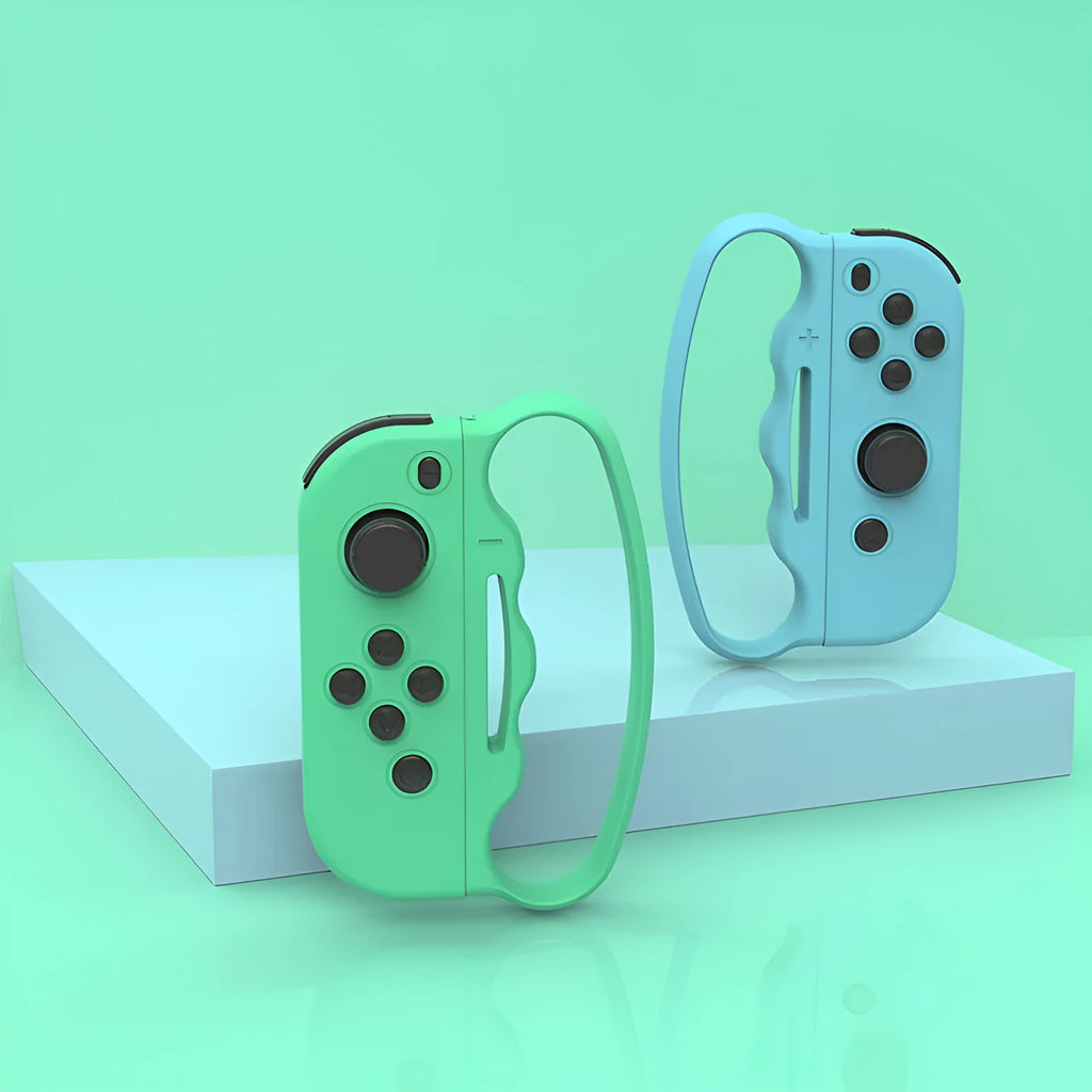 Two black Joy-Con controller grips with hand ropes attached for Nintendo Switch boxing games.