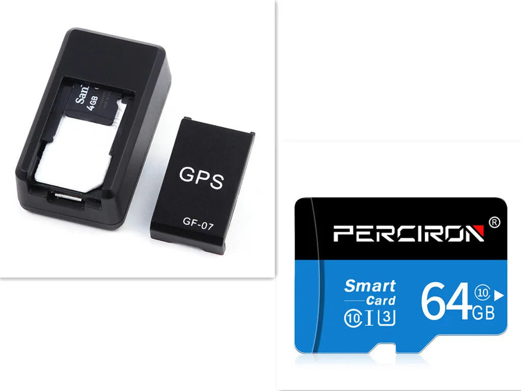 Small black magnetic GPS tracker device next to a USB charging cable on a table.