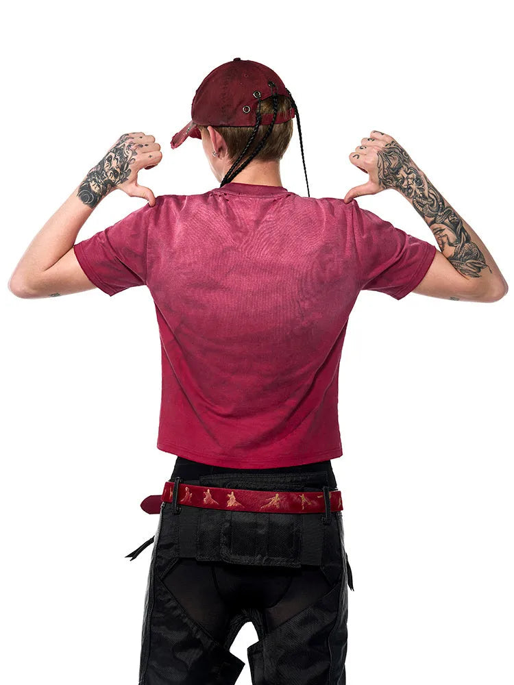 Red men's slim-fit T-shirt with distressed spray wash finish and short sleeves