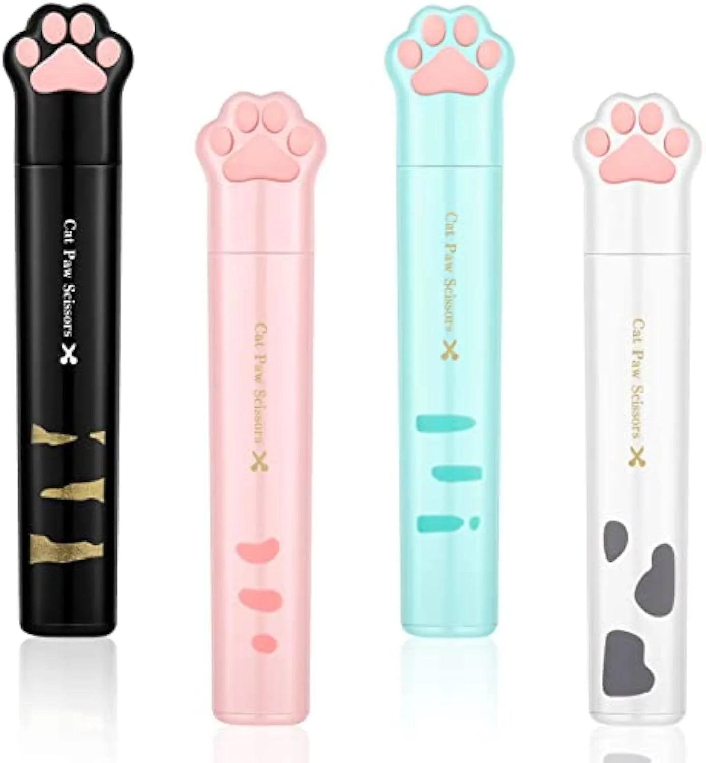 Set of four mini folding scissors with cat paw design in black, blue, pink, and white colours on a plain surface.