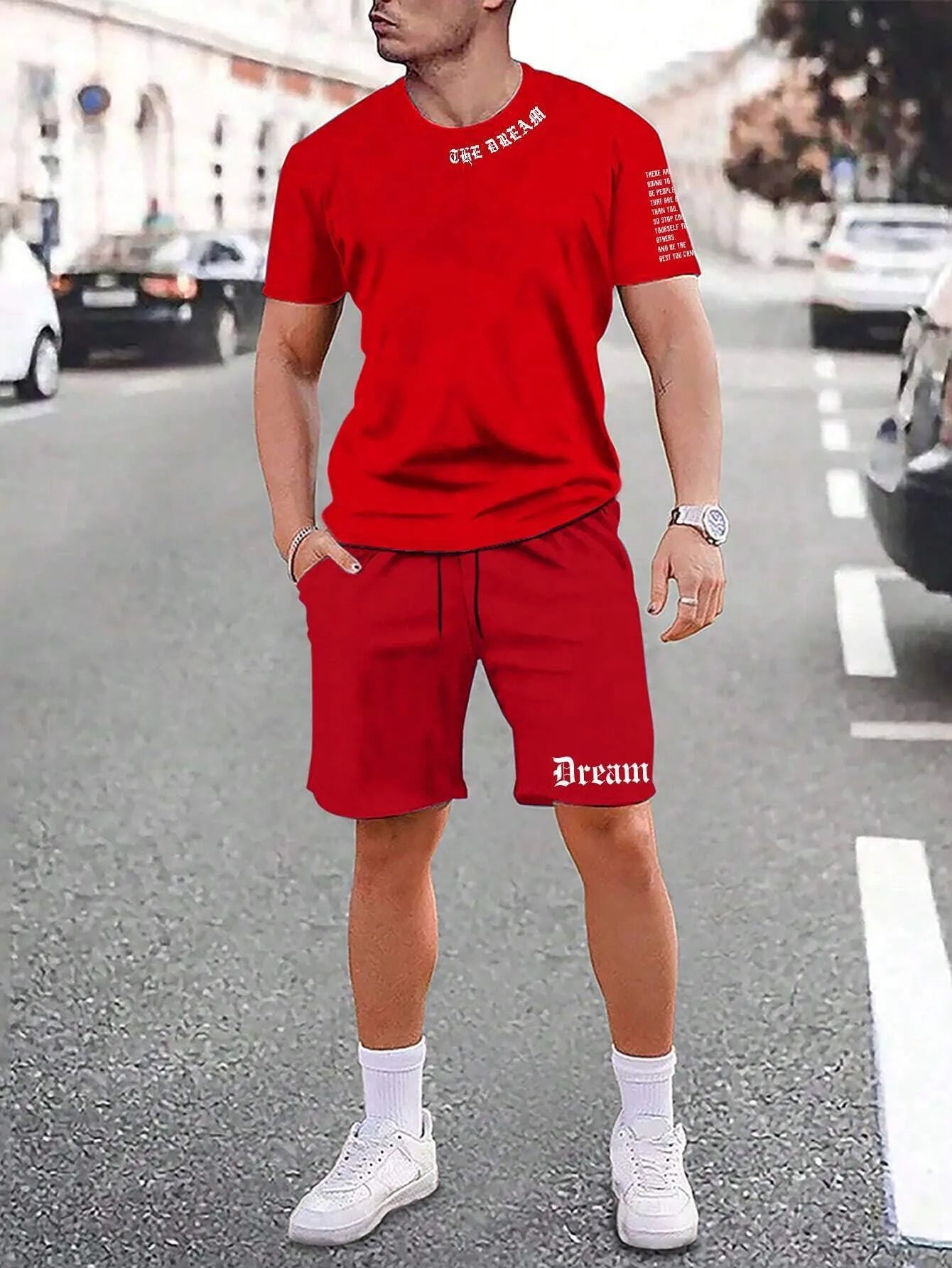 Men's blue sports style short-sleeved top and matching shorts two-piece casual suit set