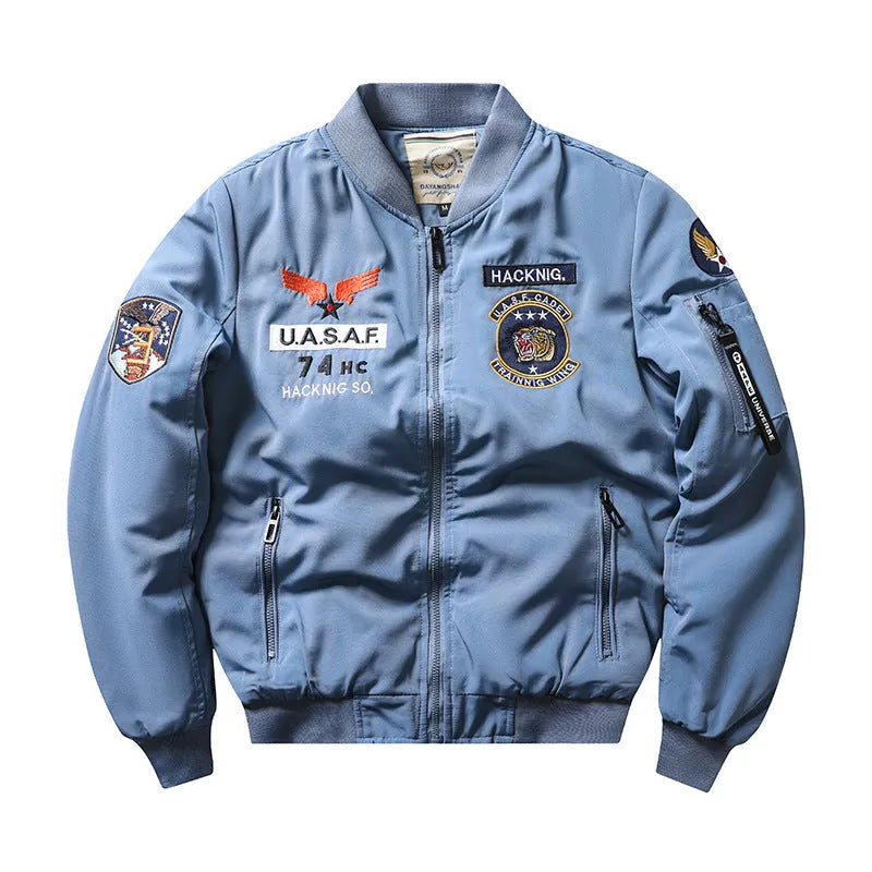 Slim-fit men's stand collar coat with retro embroidery and patch pockets