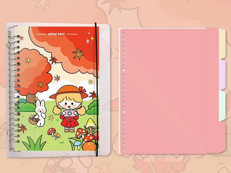 B5 replacement core notebook for detachable big coil binders with whimsical design options showing Snowman, Autumn Travel, Dessert House and Little Witch themes