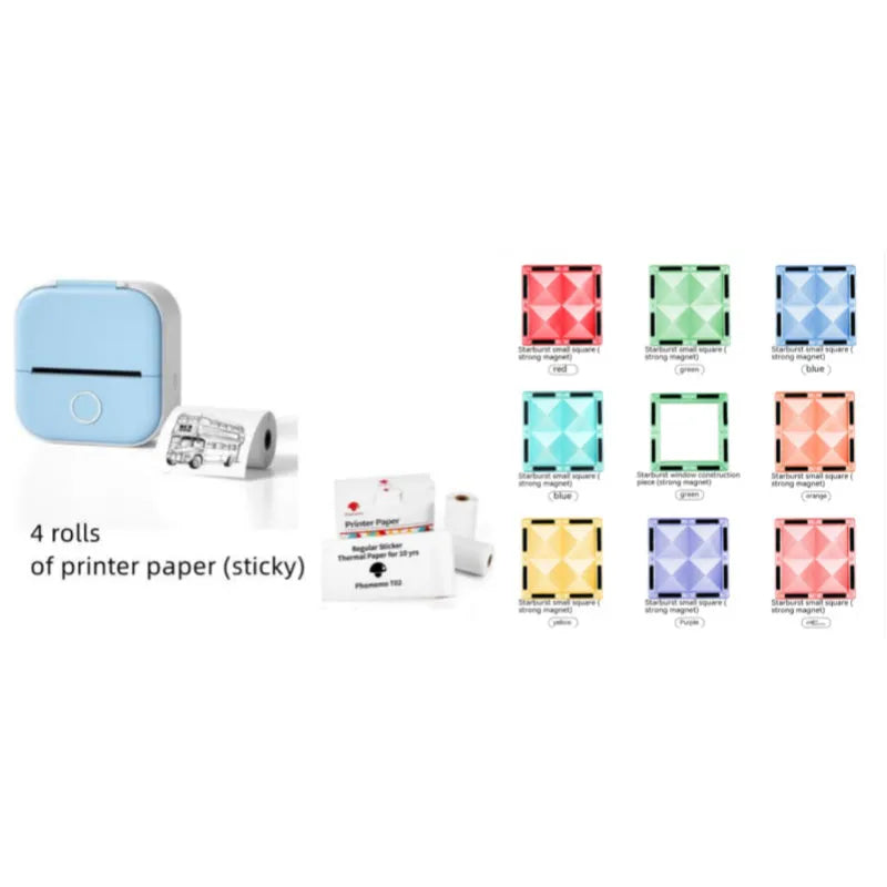 Portable mini thermal label printer in white, 87mm by 90mm by 40mm, with Bluetooth connectivity and inkless printing