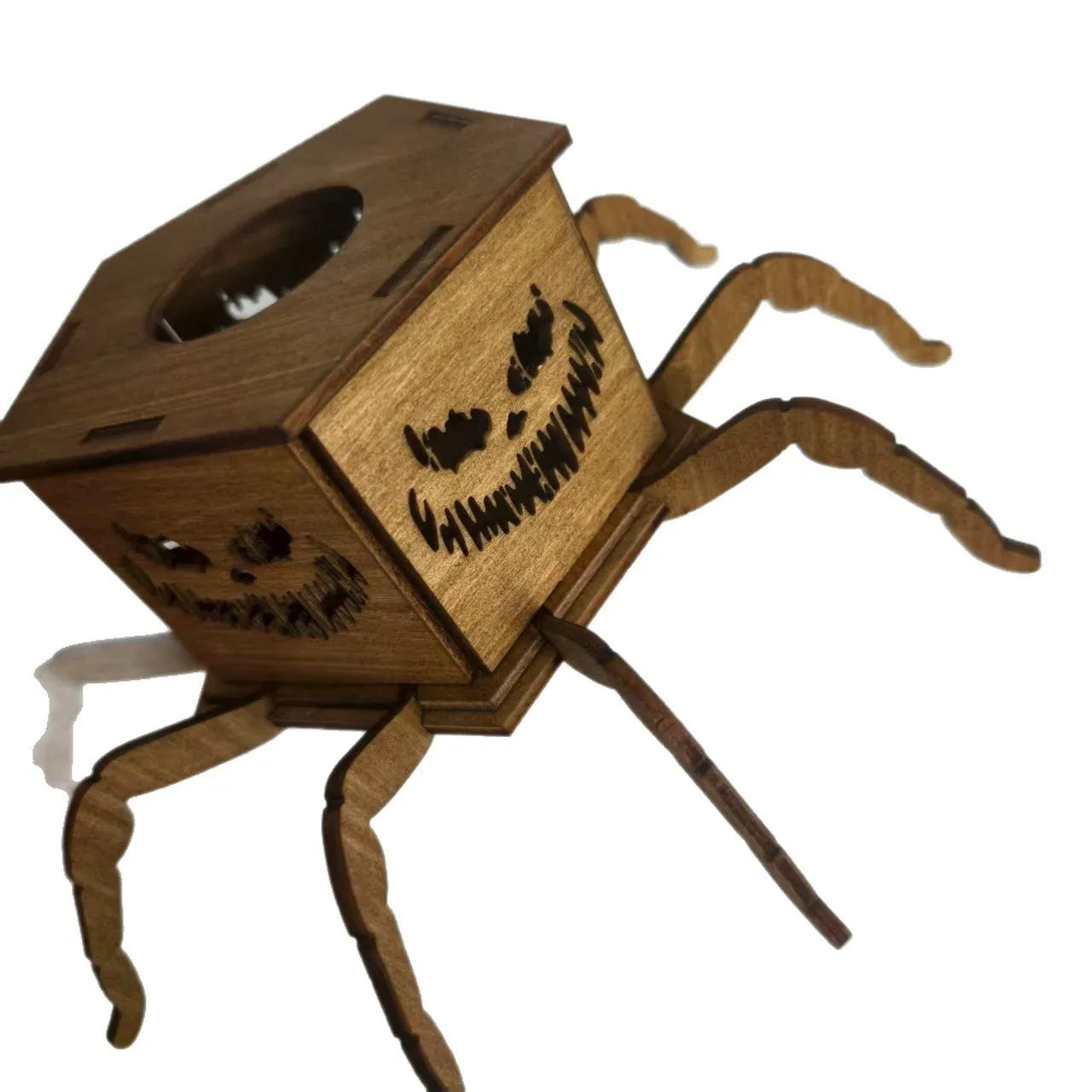 Wooden Halloween spider mini lantern candlestick with spider design measuring 21cm tall