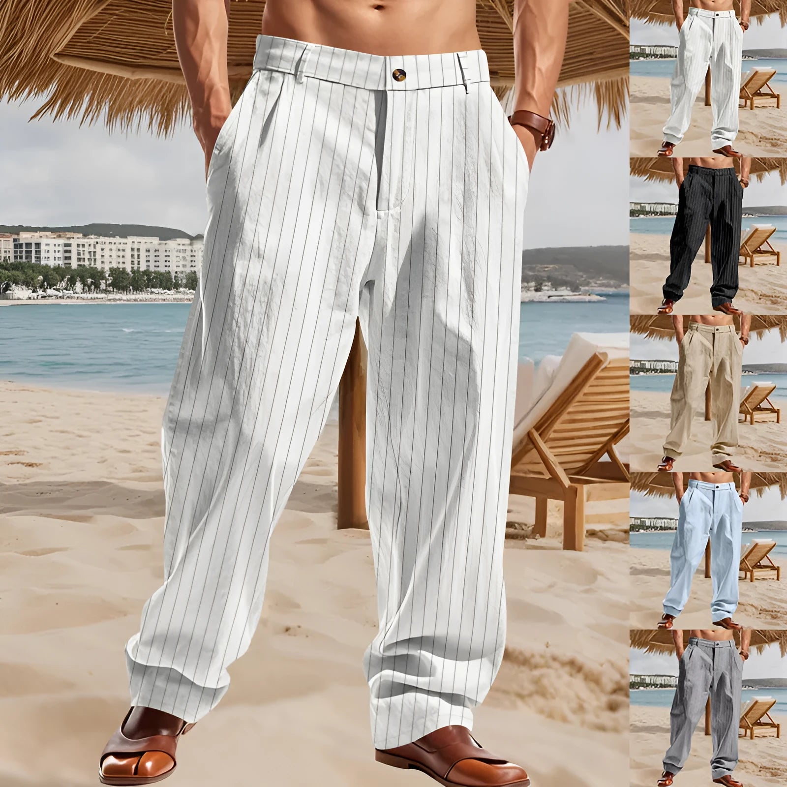 Men's linen striped trousers with straight loose fit, wide legs, and high waist in light blue colour