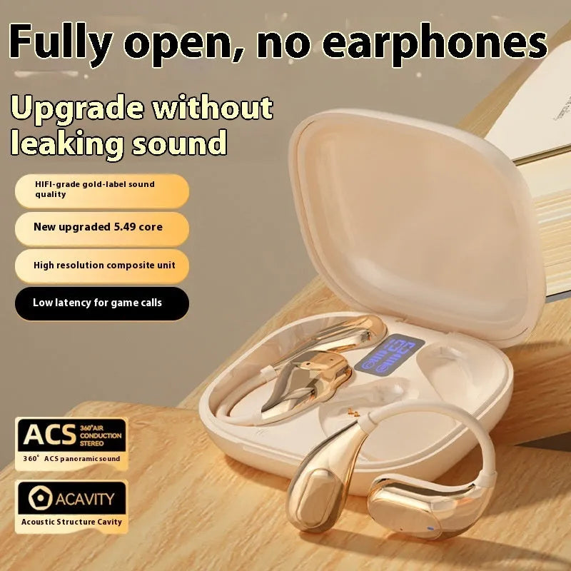 Open wireless Bluetooth headset in black with ear-mounted design and digital display screen