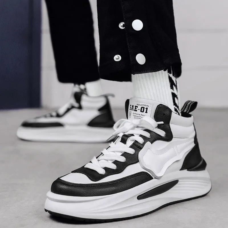 Men's black high-top platform board shoes with round toe and wear-resistant sole