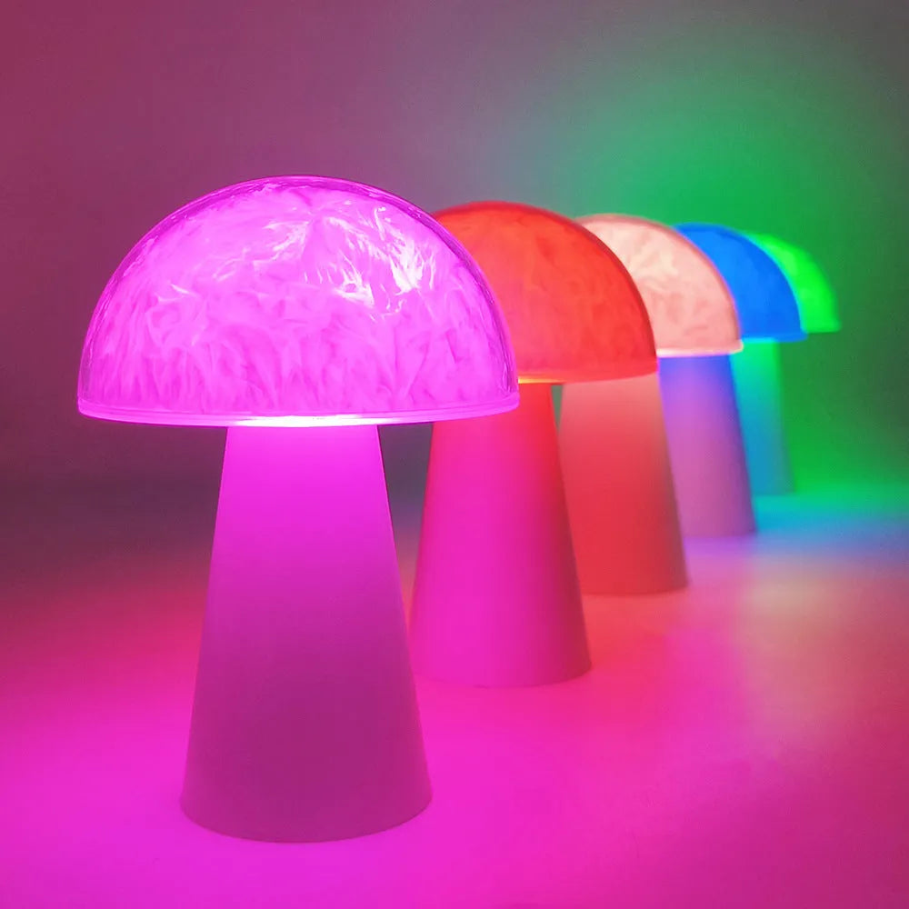 Mushroom-shaped RGB night light with remote control measuring 9cm by 9cm by 13.5cm