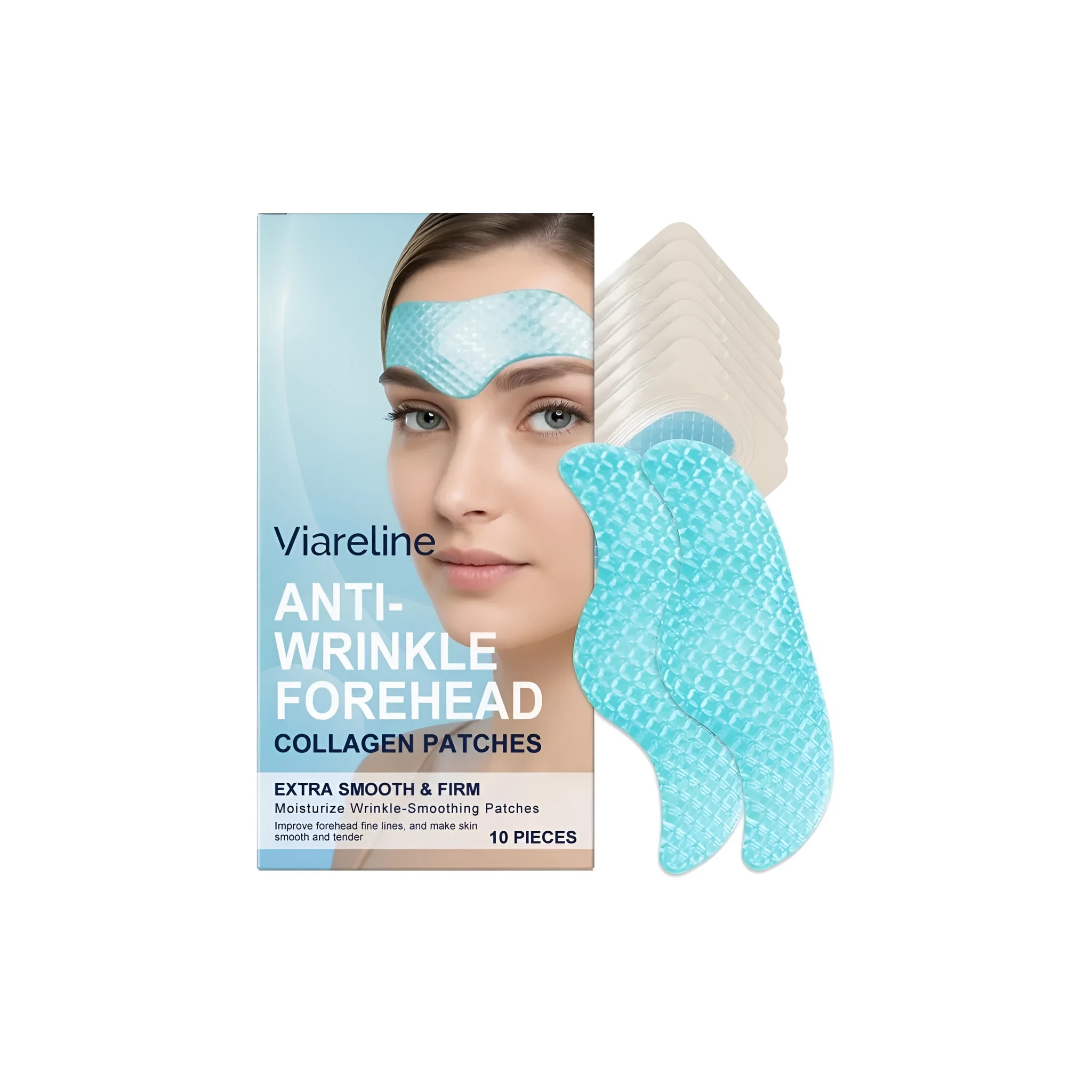 A sealed pack of 10 collagen anti-wrinkle moisturising forehead patches for skincare.