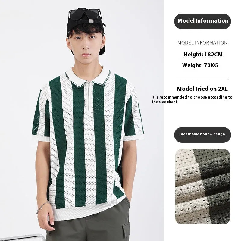 Man wearing a striped short-sleeve ice silk sweater with a decorative zipper detail.