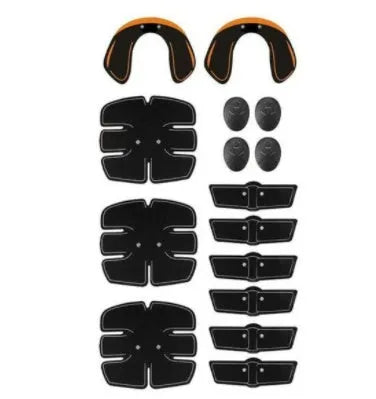Compact black EMS muscle stimulator unit with conductive gel pads for abdominal and buttock toning