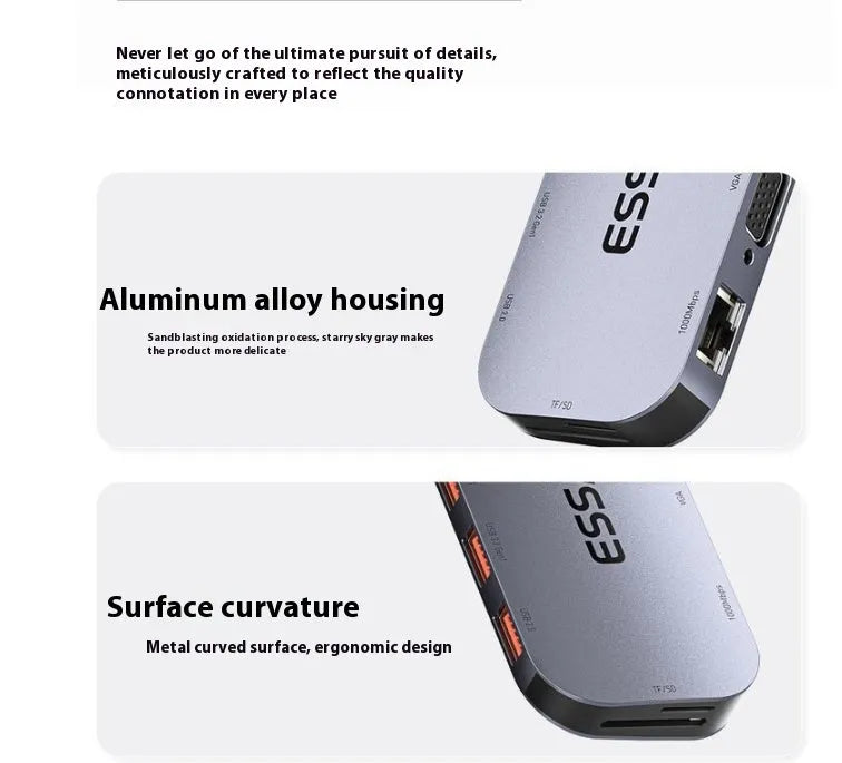 11-in-1 aluminium USB-C expansion dock with a 20cm cable, showing Ethernet, HDMI, USB, and card reader ports.