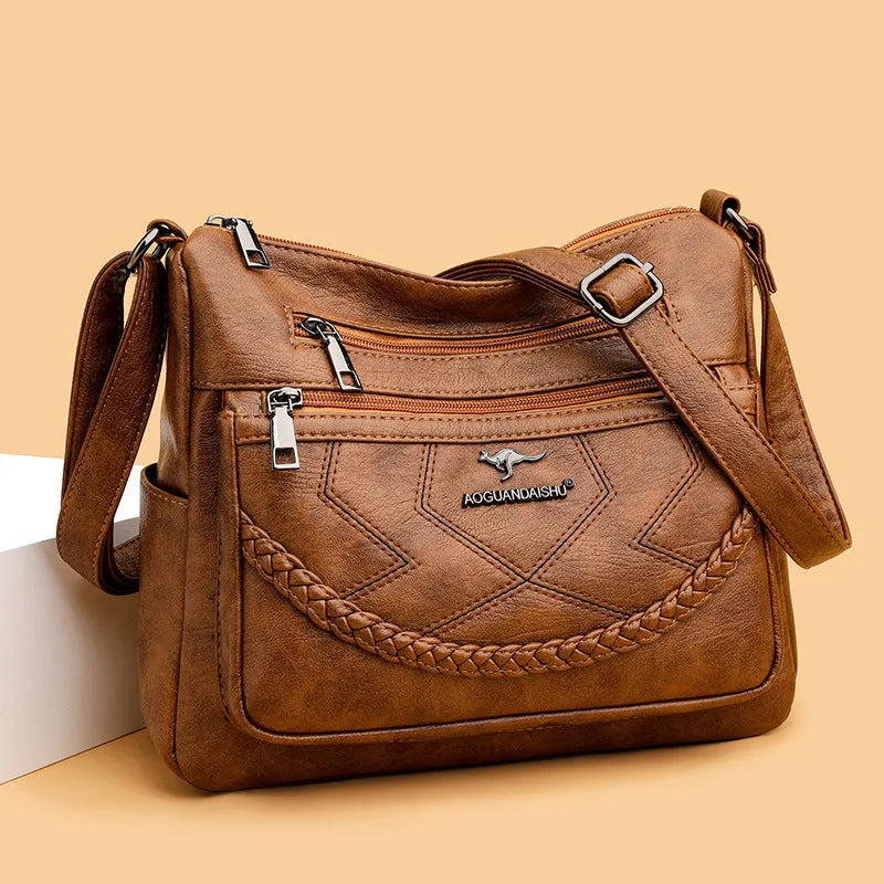 Soft PU leather women's shoulder bag in horizontal square shape with sandwich pockets