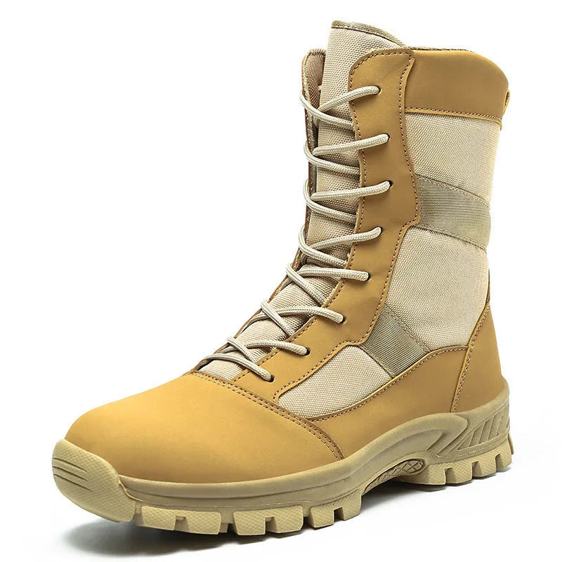 Men's black and camouflage plus size high-top mesh combat boots with totem detail.
