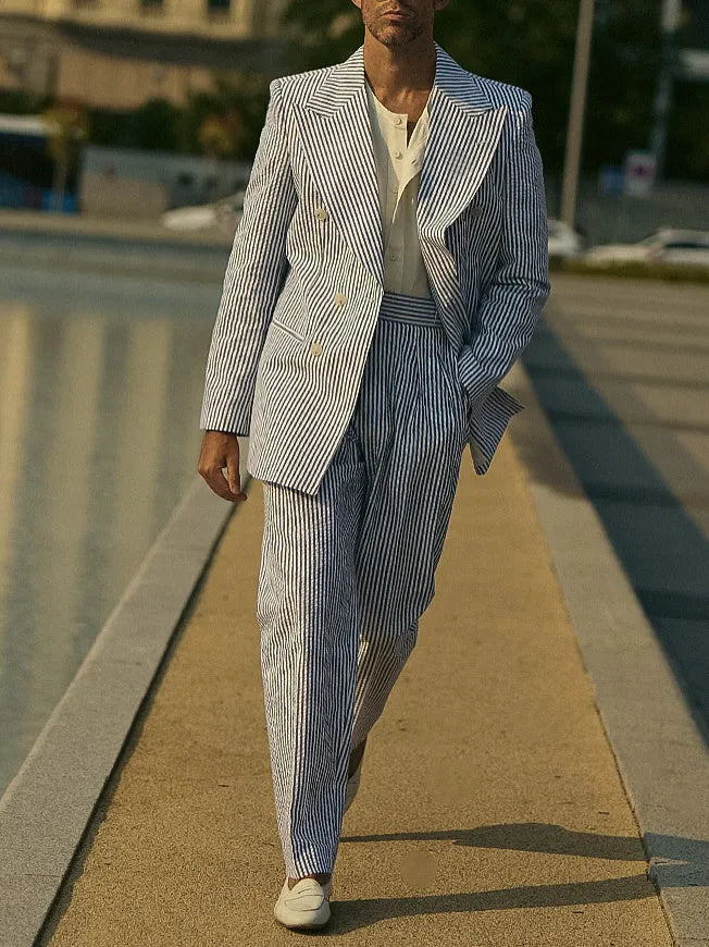 Blue and white striped men's polyester suit set with blazer and trousers