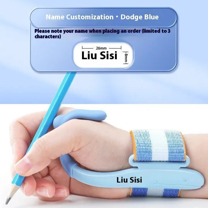 Blue and pink anti-hook wrist brace pen grip corrector for children's handwriting, made from white ABS nylon.