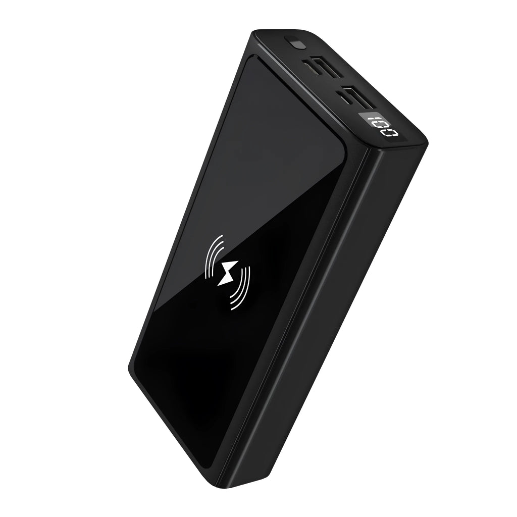 Black and blue alloy-shell portable power bank showing wireless charging symbol and 10000mAh capacity label