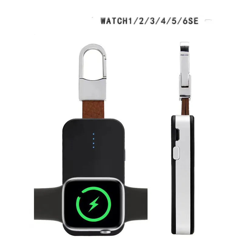 Black Apple Watch portable wireless power bank on a keyring showing compact size.