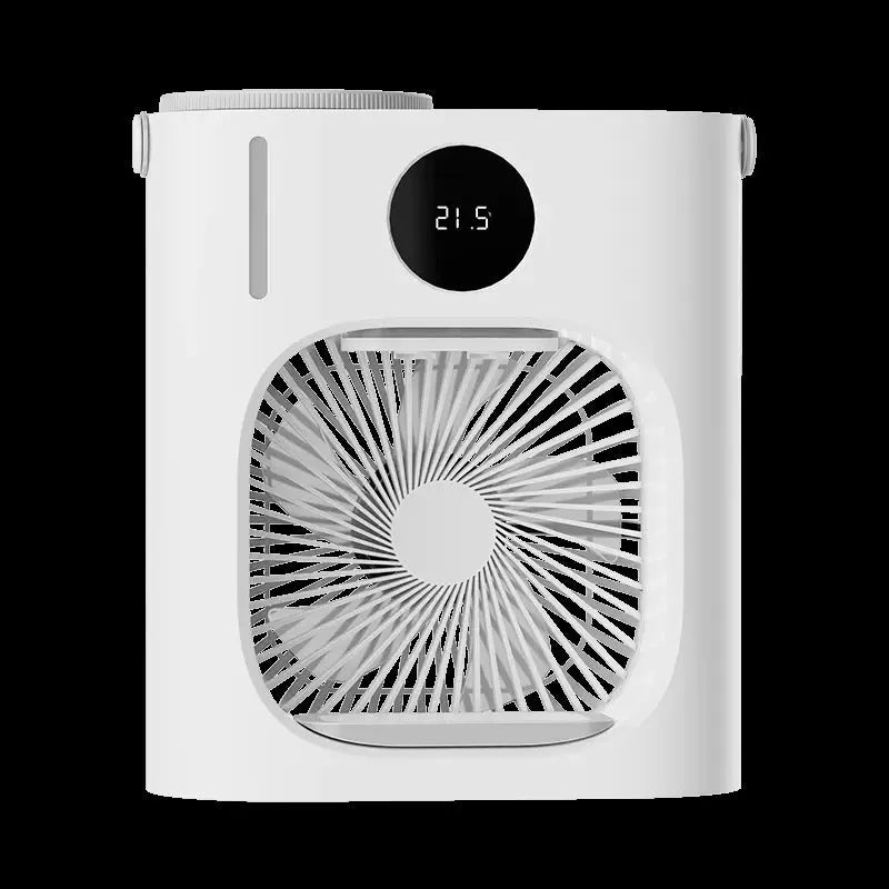White USB refrigeration air conditioner household fan, 276 x 229 x 148mm, brushless motor, timing screen display.