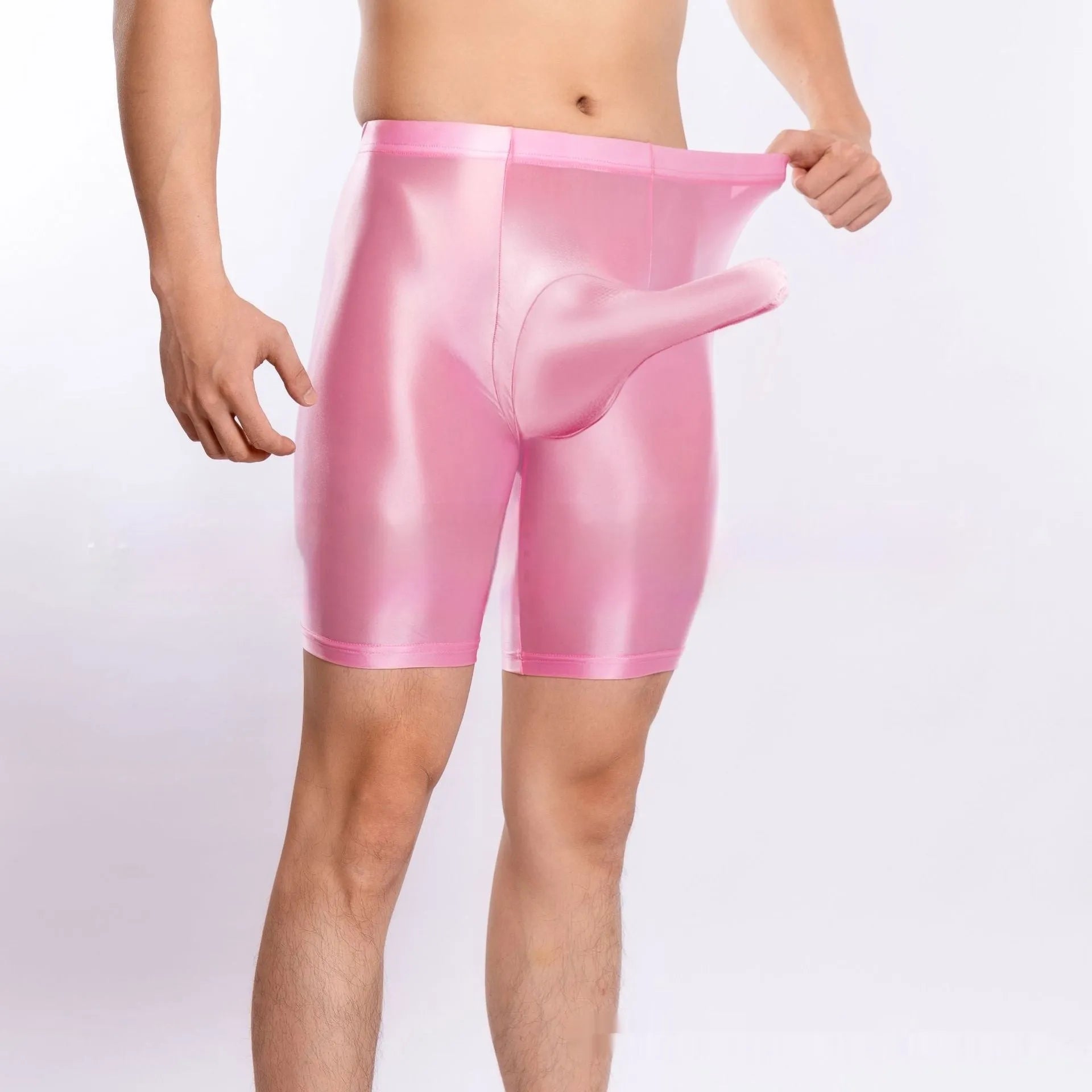 Men's plus size shiny nylon sports shorts in multiple colours on size chart.
