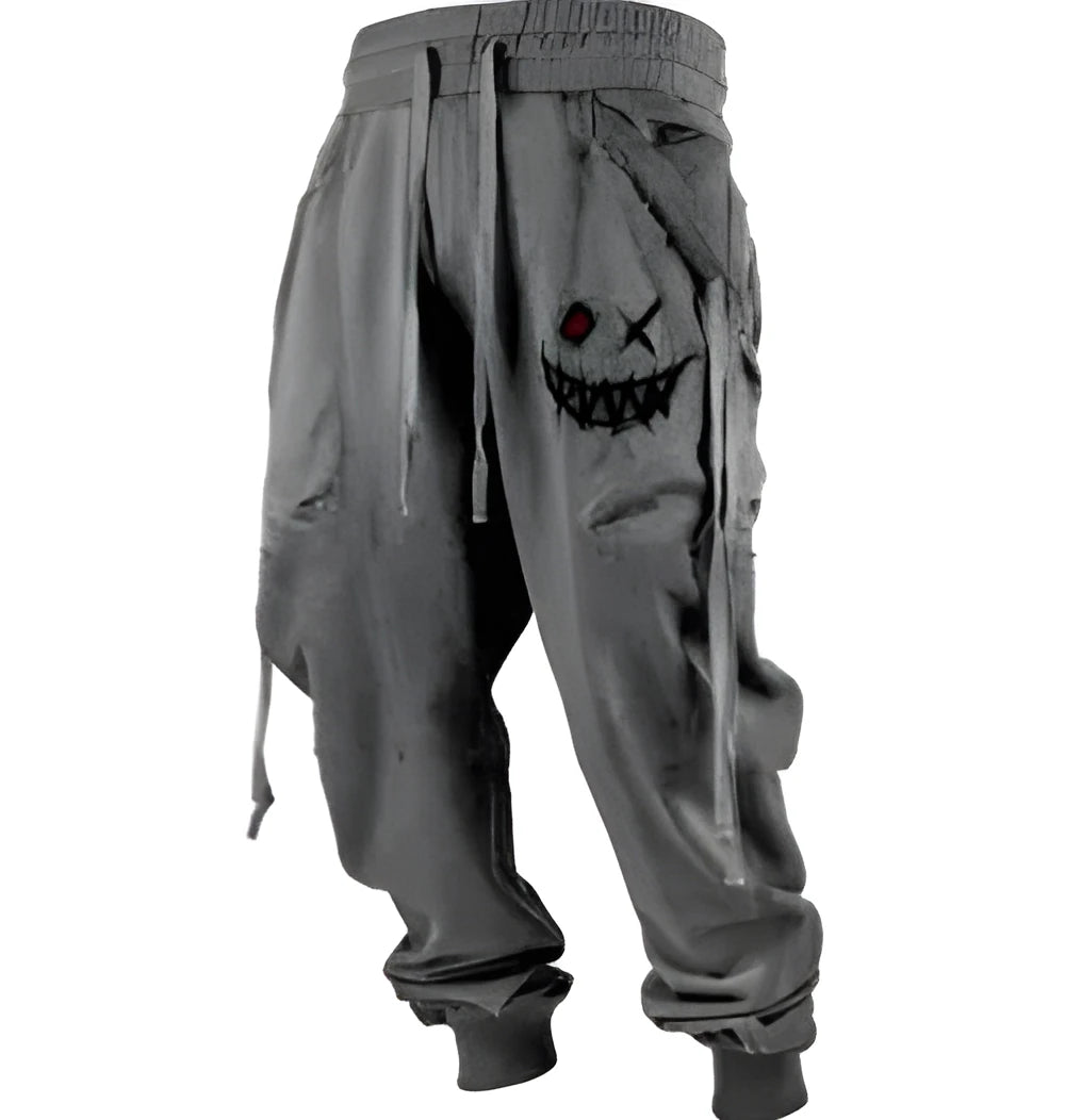 Men's printed 3D sweatpants plus-sized casual trousers in black, brown, green, or grey, sizes S to 3XL