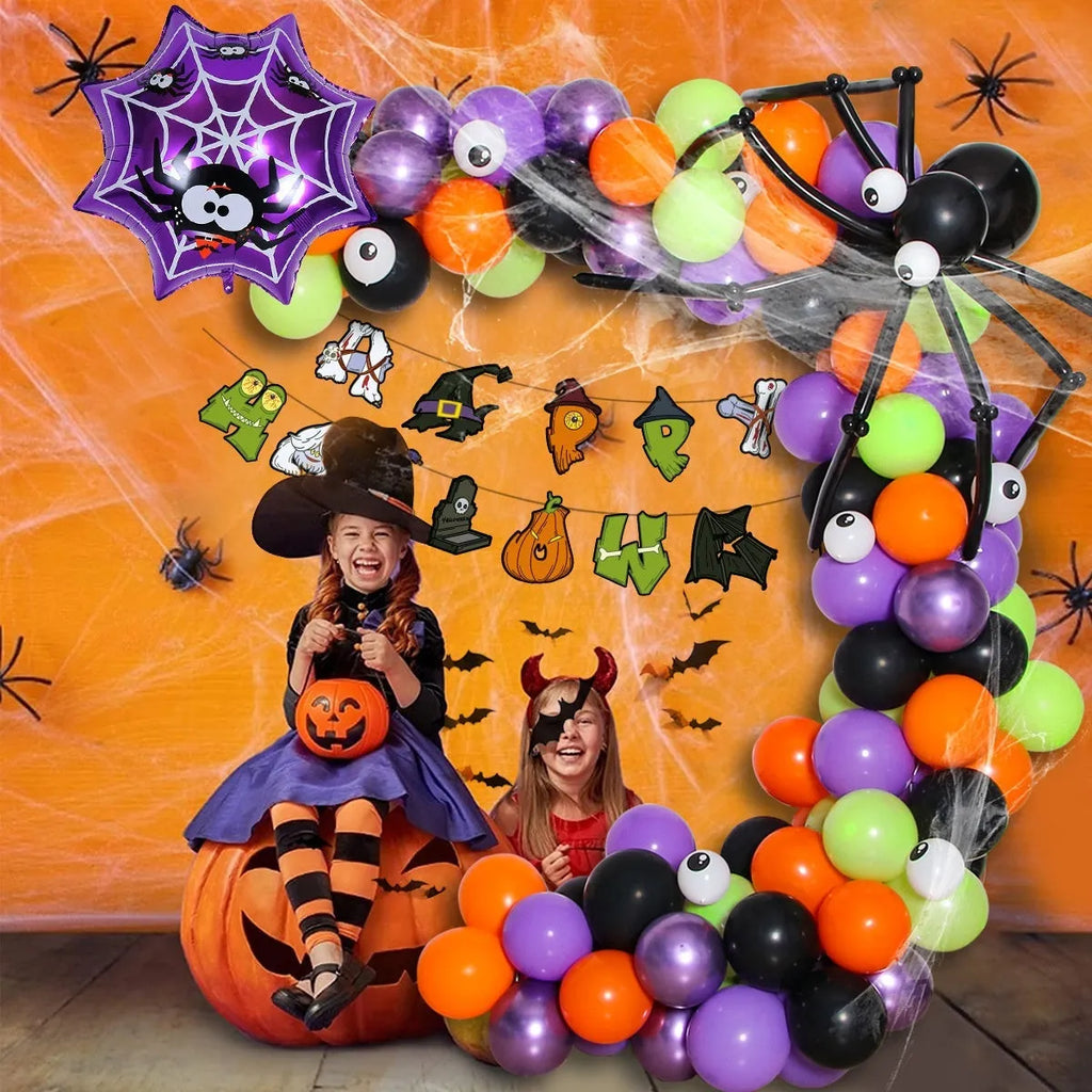 Halloween spider balloon arch decoration set with black and white skeleton and pumpkin balloons
