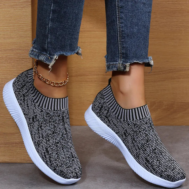 Stripe knit sock shoes for unisex running walking flat sneakers in white with EVA sole