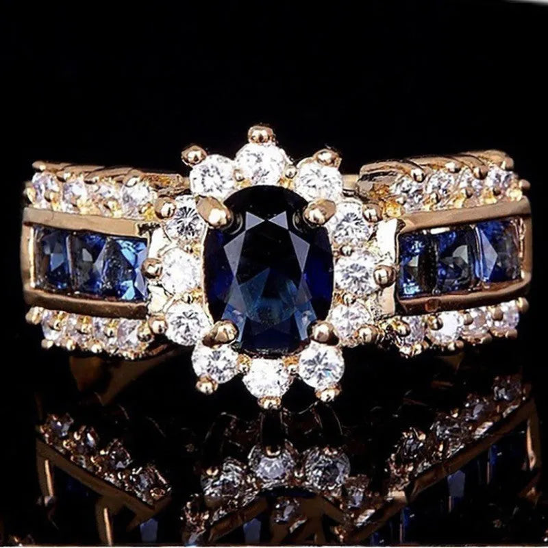 Zinc alloy fashion ring with diamond or zircon stone detailing in sunflower blue, square blue, or square purple designs.