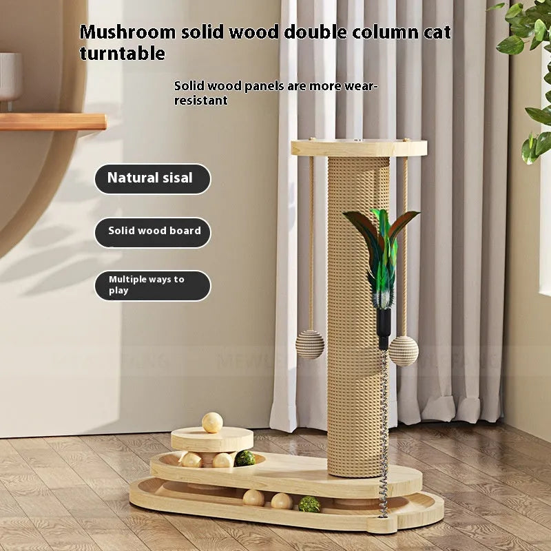 Solid wood cat scratching post with rotating turntable in multiple design options