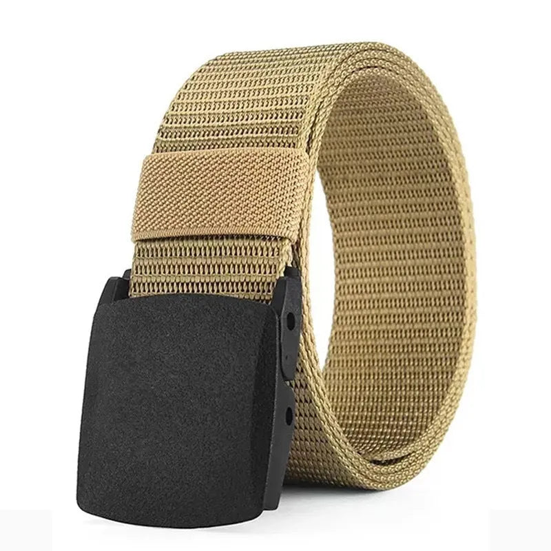Men's nylon tactical belt 120cm with plastic buckle in black fabric strap