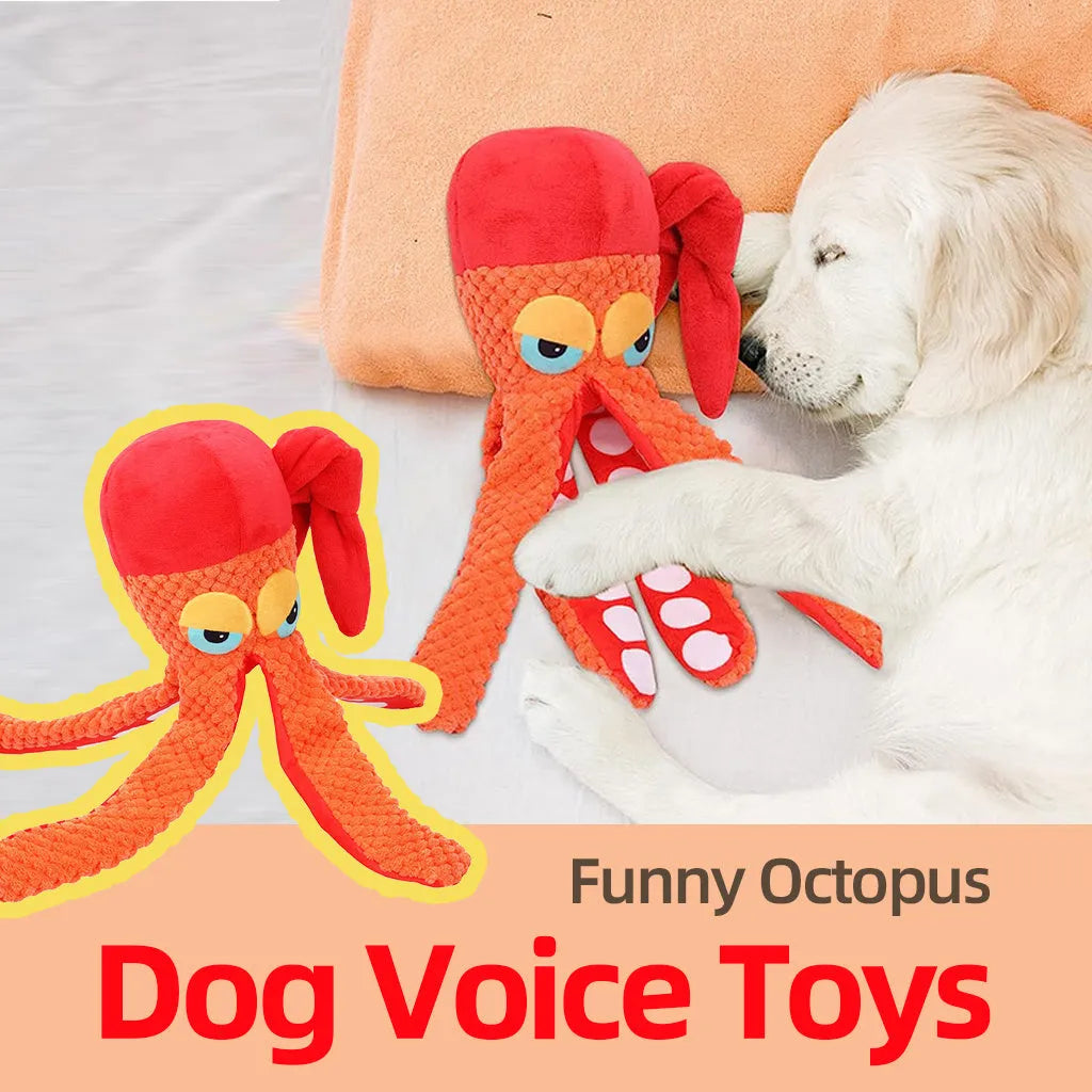 Orange octopus plush dog chew toy with tentacles for dental cleaning and hidden squeaker