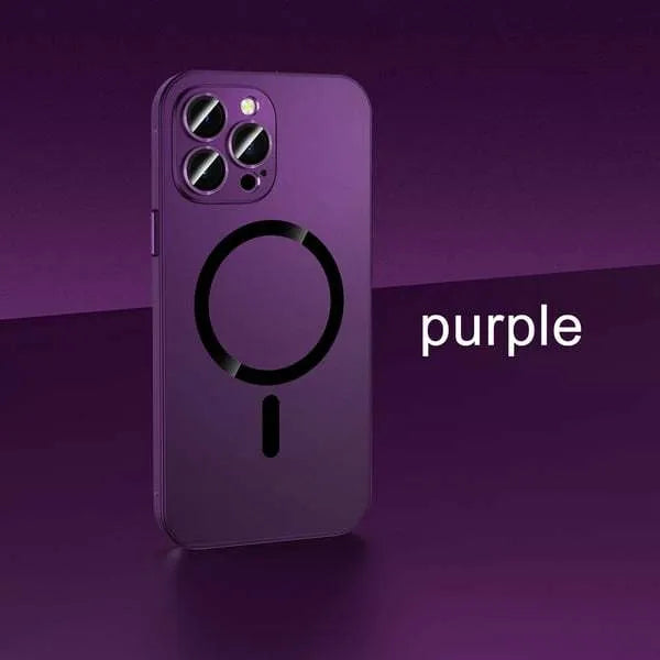 Magnetic iPhone case with aluminium alloy frame in dark purple, blue, silver, black, or gold colour.