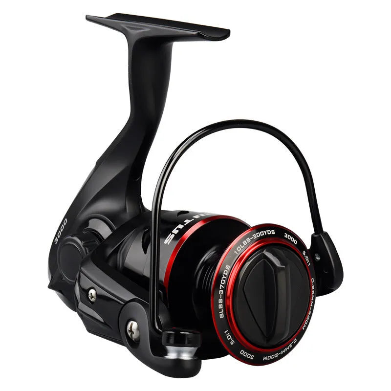 All metal spinning fishing reel and collapsed telescopic fishing rod combo on a background.