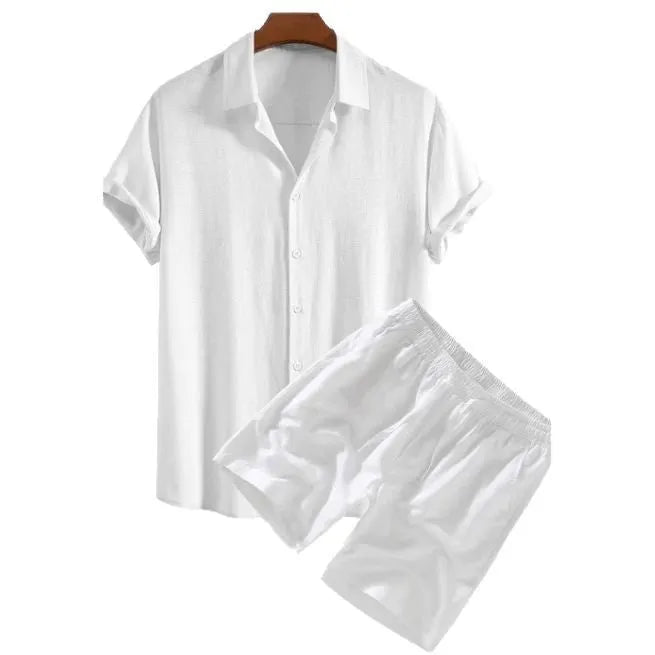 Men's solid colour casual short-sleeved shirt and shorts suit on a hanger.