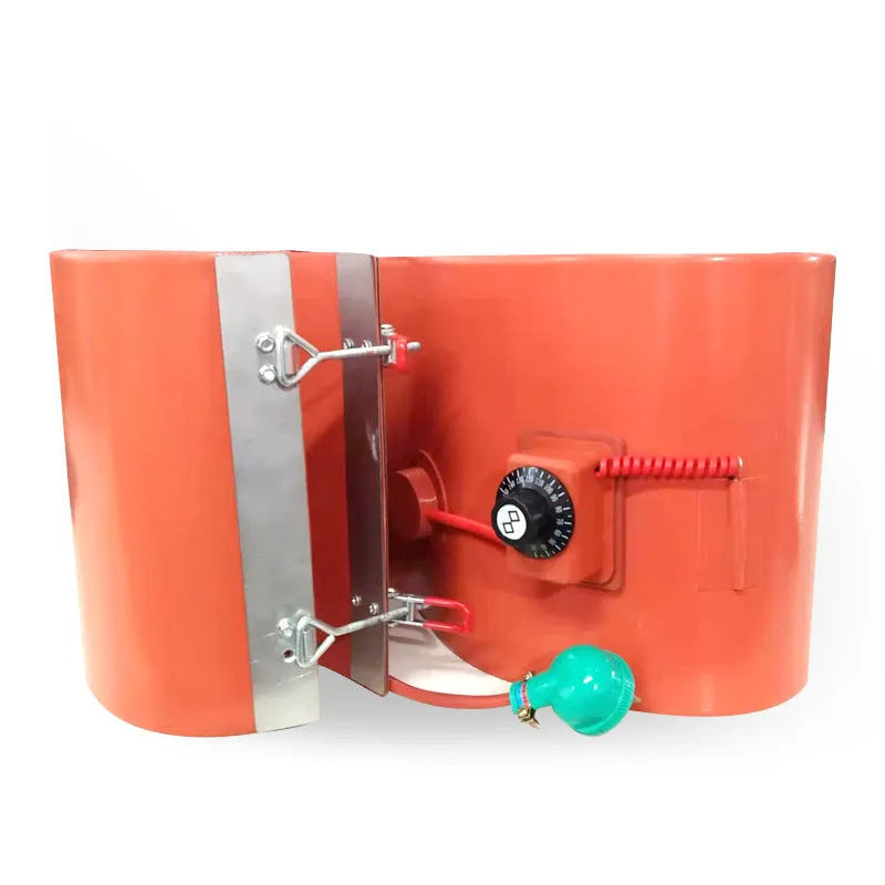 Silicone rubber heating belt wrapped around 200-litre oil drum with control unit