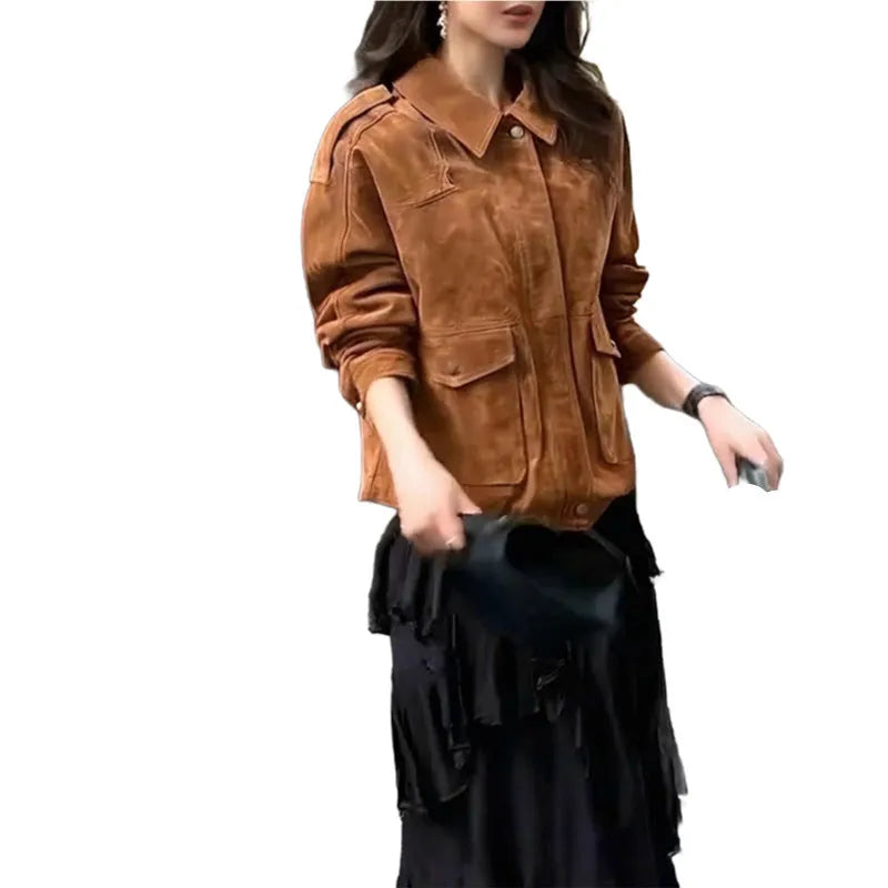 Women's brown suede-look polyester coat with regular sleeves on a hanger.
