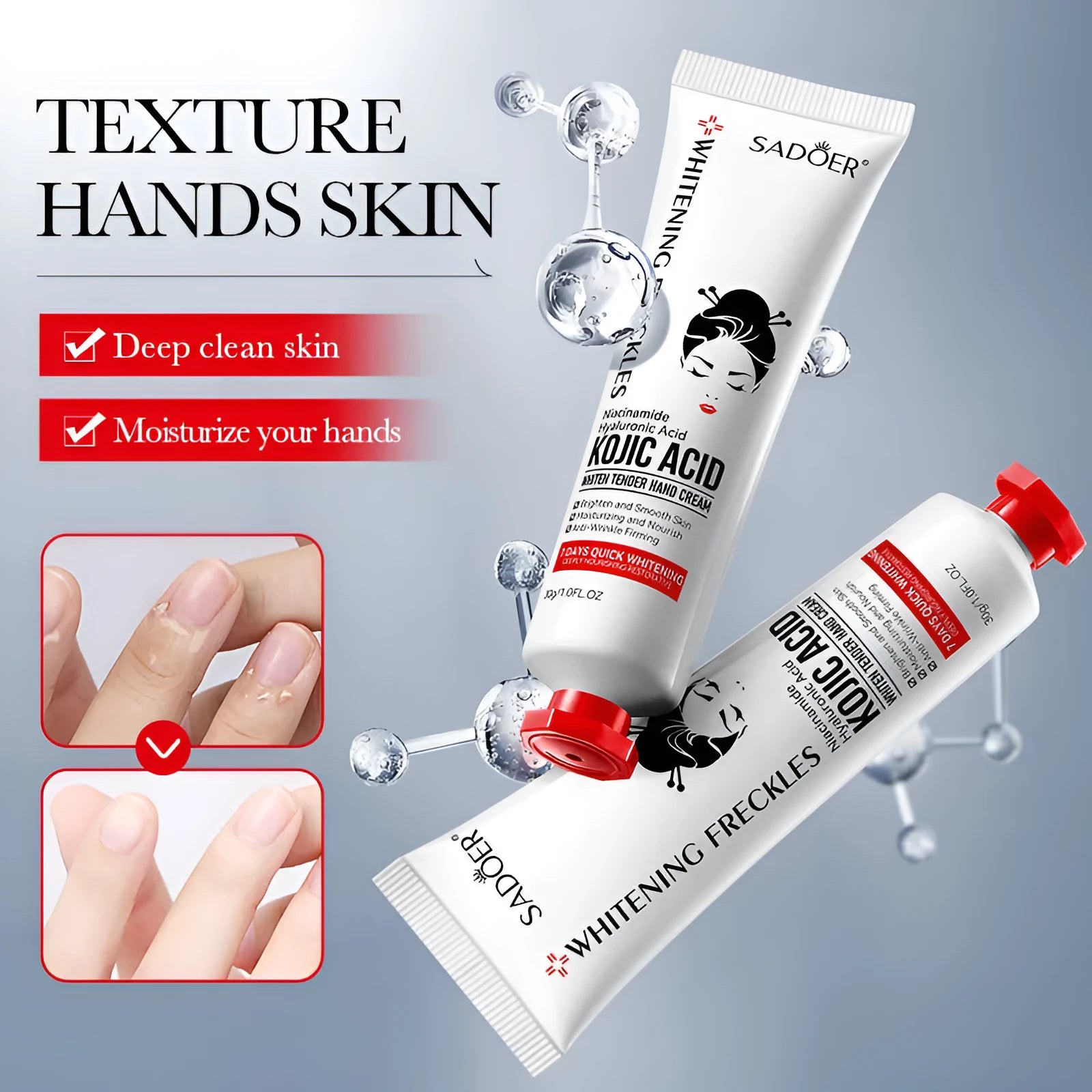 Kojic Acid Beautiful White Skin Rejuvenation Hand Cream 30g tube on white background