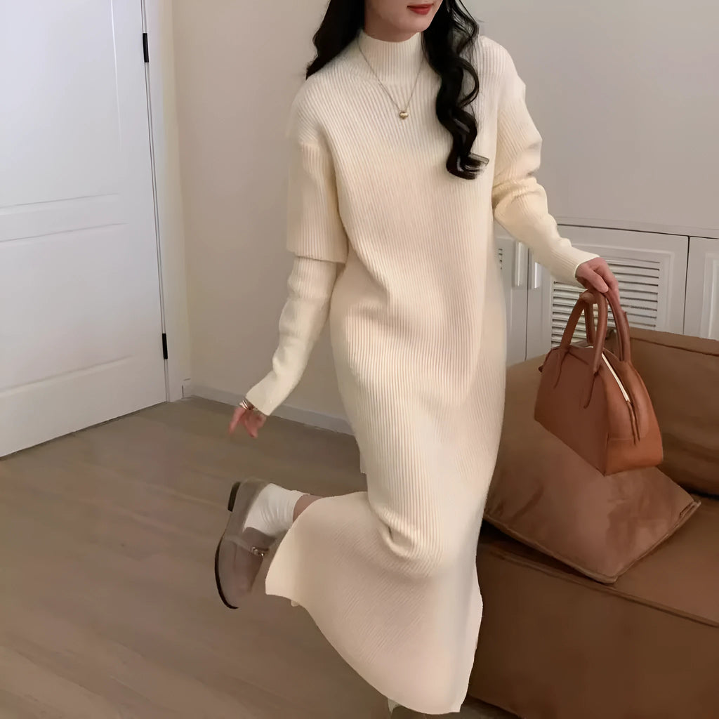 Woman wearing a milky white half turtleneck long sleeve knitted midi dress with a high waist.