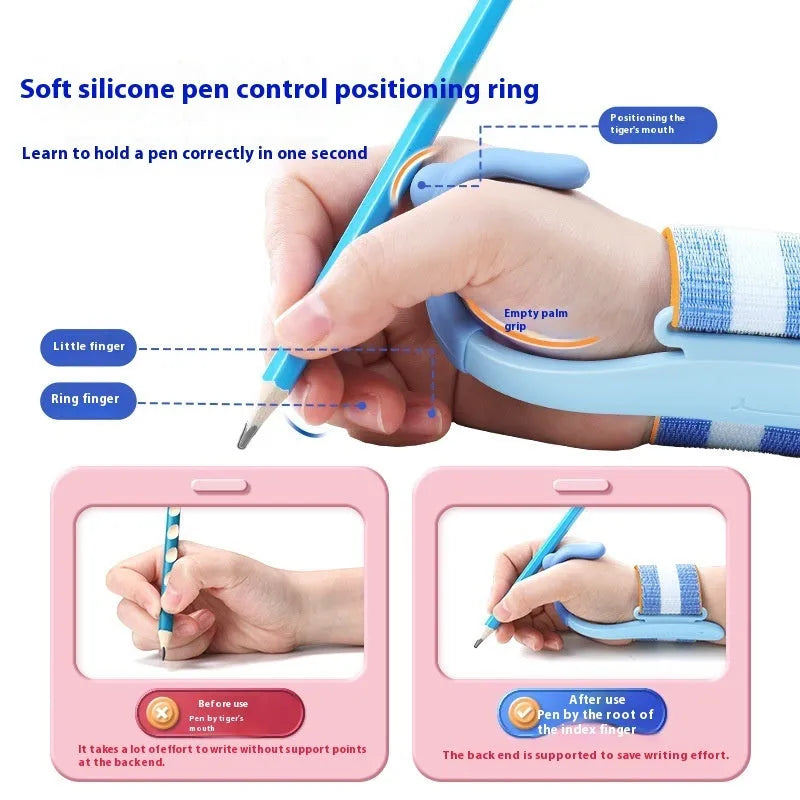Blue and pink anti-hook wrist brace pen grip corrector for children's handwriting, made from white ABS nylon.