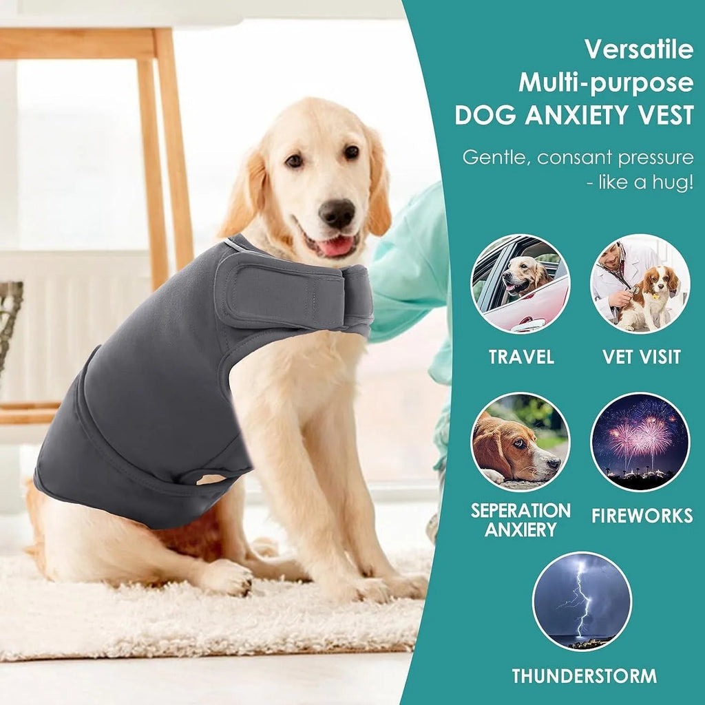 Dog anxiety relief vest with shock protection, sizes XS to XXXL, adjustable neck and bust