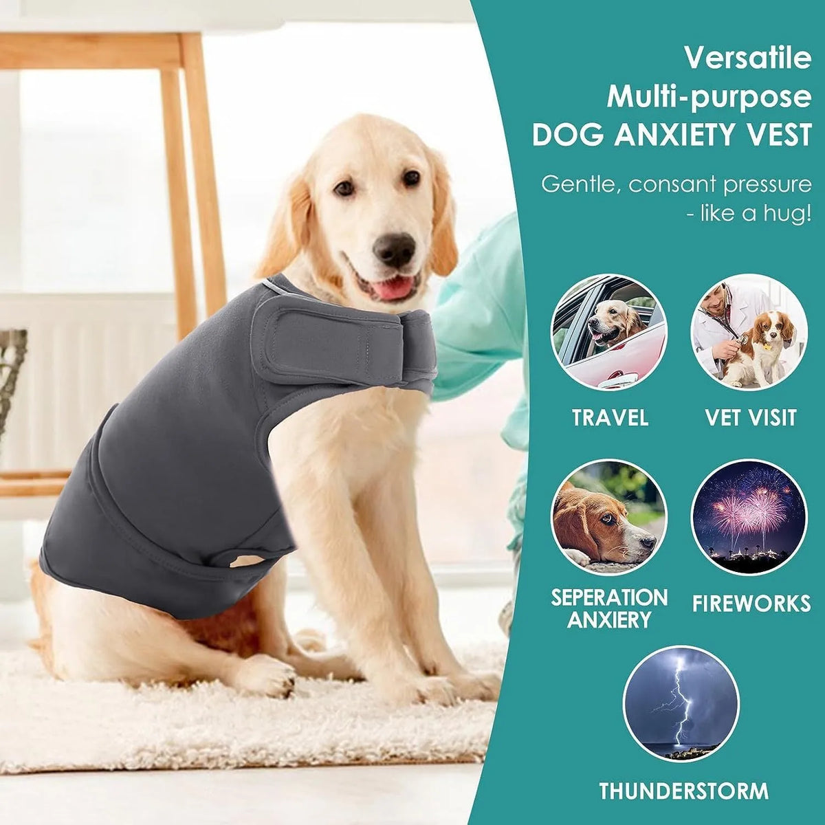 Dog anxiety relief vest with shock protection, sizes XS to XXXL, adjustable neck and bust